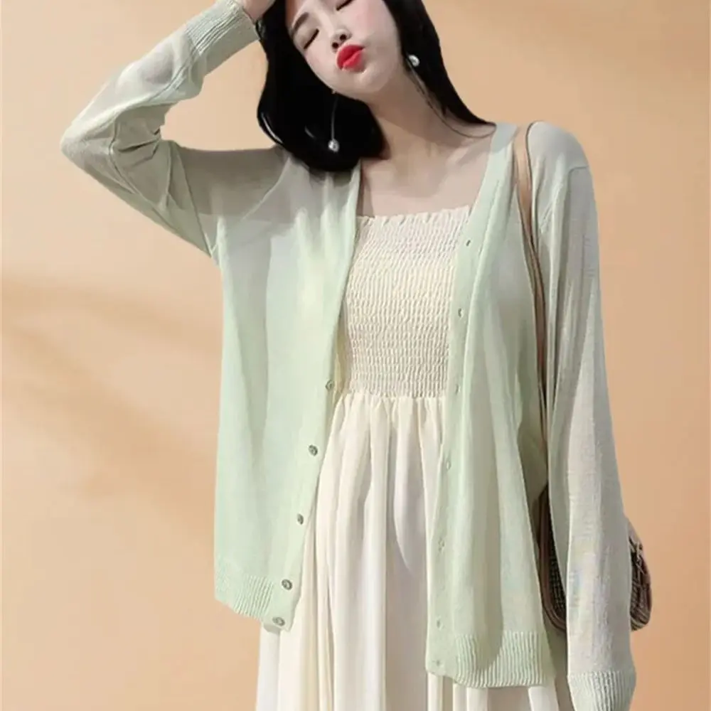 Spring Summer Comfortable Casual Blouses white knitted cardigan 2024 Women\'s Clothing Solid V-neck Elegant Fashion Button Loose