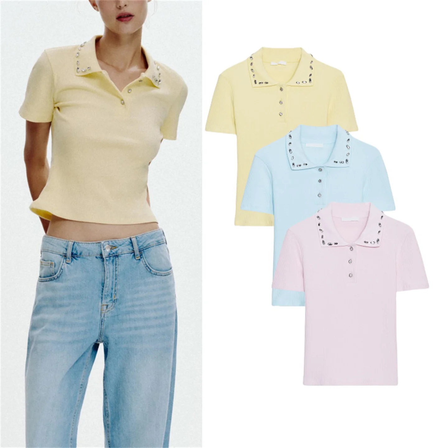 

Faionable Pure Color ort Sve irt Women's Autumn New Arrival Jewelry Collar Ribbed Cuffs Slim Fit Casual Wear