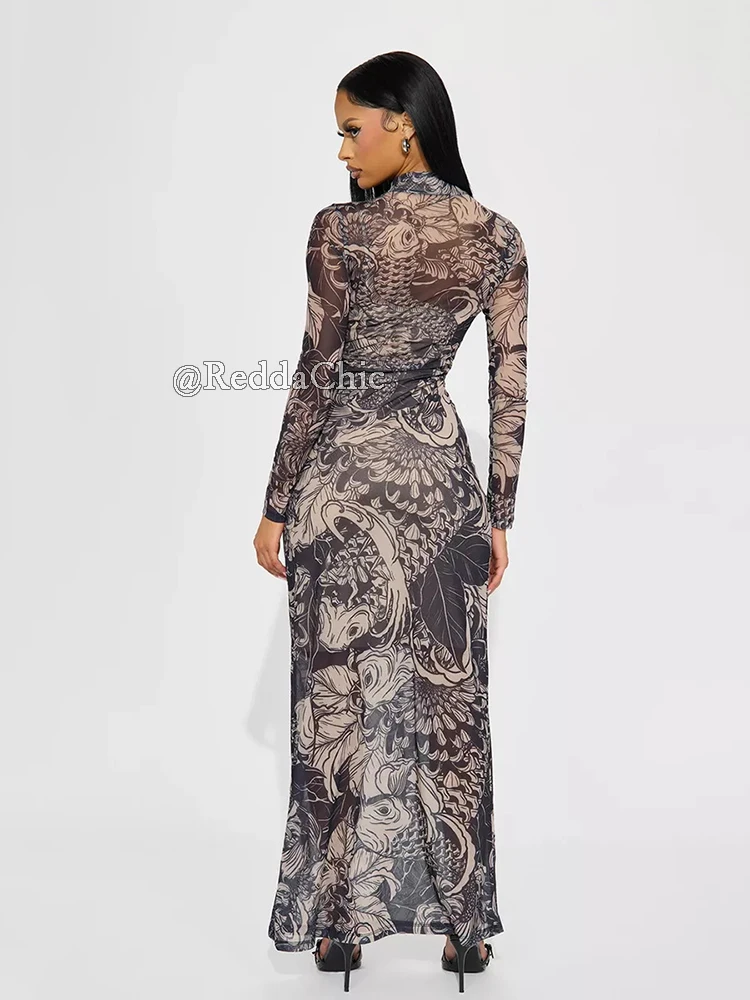 REDDACHiC โทเท็มรูปแบบชุดแม็กซี่สำหรับผู้หญิงแขนยาวคอเต่าตาข่ายยืดซีทรูบอดี้คอน Y2k ปาร์ตี้ชุดเทศกาล