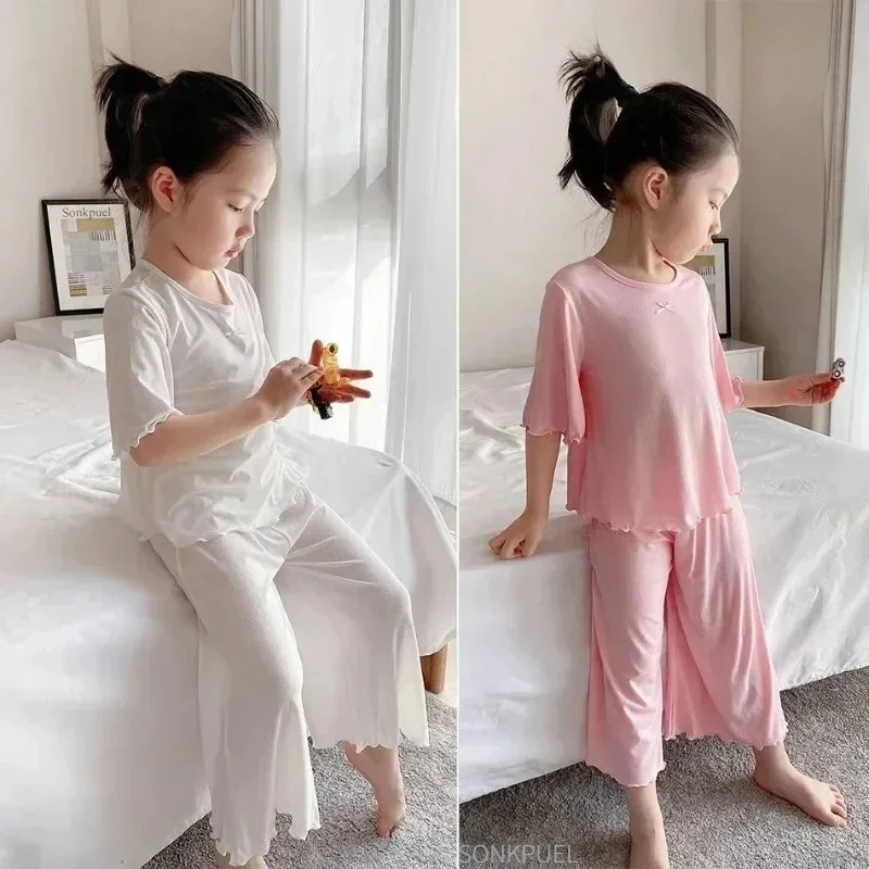 Mädchen-Sets Sommer Dünne Kinder Kurzarm-Set Eisseide 2-teiliges Homewear-Set 2-10 Jahre Mädchen Einfarbiger Kinder-Pyjama-Set – Detail 4