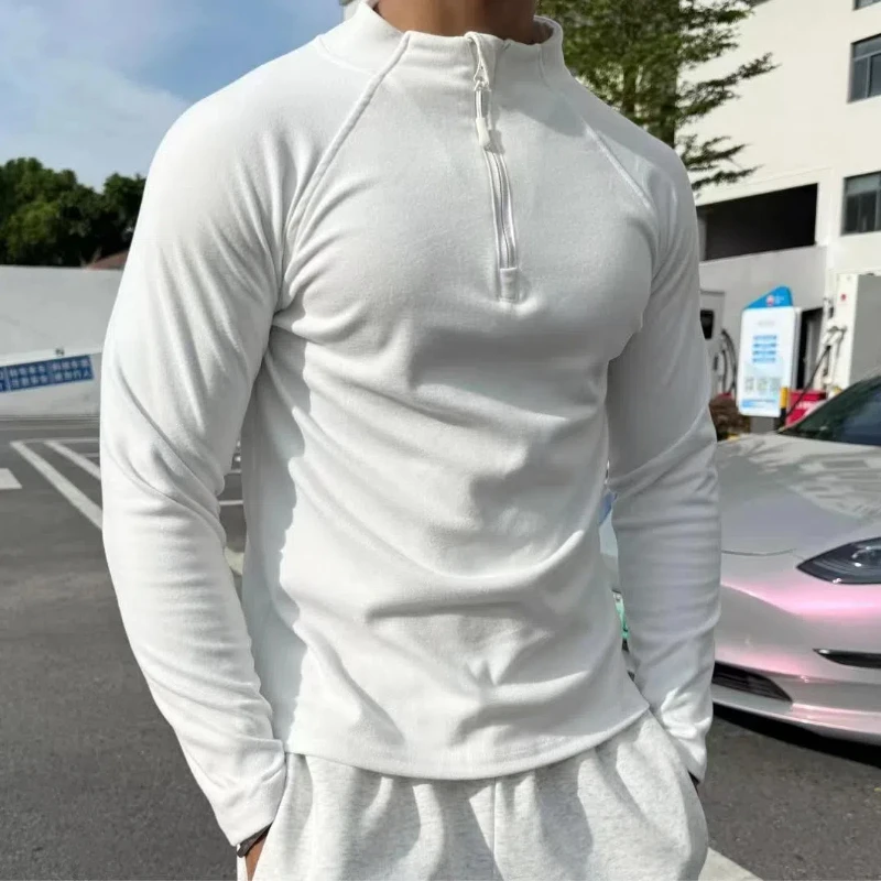 Fashion Autumn Winter Sport Sweatshirts Men Solid Stand Collar Half Zipper Out Streetwear Motion Run Long Sleeve Slim Hoodies