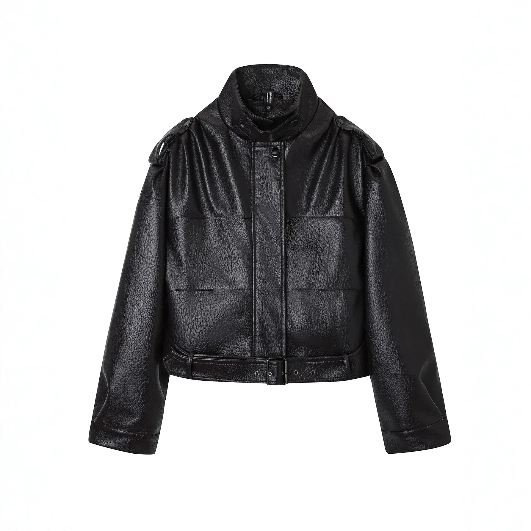 Autumn Winter Cropped Faux Leather Moto Jacket Stand Collar Slim Fit Solid Retro Casual Outerwear women's leather jacket