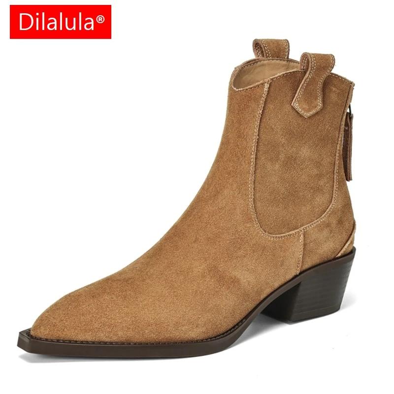 Dilalula 2025 Winter Classic Chelsea Boots For Woman Cow Suede Pointy Toe Wedge Heel Ankle Boots Simple Comfortable Cowboy Boots