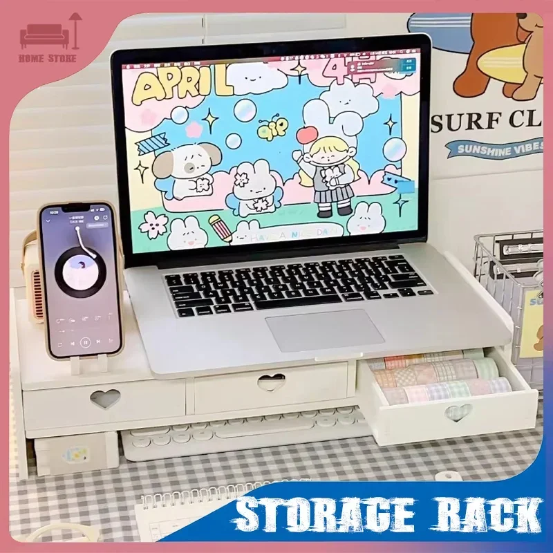 Desktop Storage Drawer Wooden Computer Laptop Elevated Stand with Drawers Creative Dormitory Office Desk Organizer Storage Rack