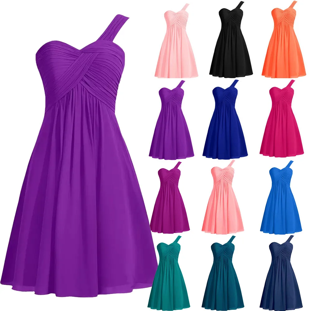 

Short Chiffon One Shoulder Pleat Elegant Bridesmaid Dresses Wedding Party Formal Prom Evening Cocktail Homecoming Lace Up Back