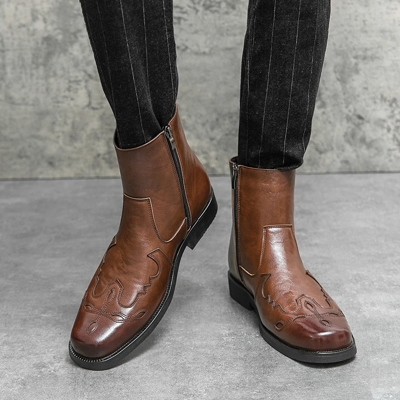 Klassieke Westerse Cowboy Heren Laarzen Ridder Lederen Schoenen Mannen Rits Kuit Nieuwe Hoge Kwaliteit Comfort Fashion Design Casaul Party Dagelijks