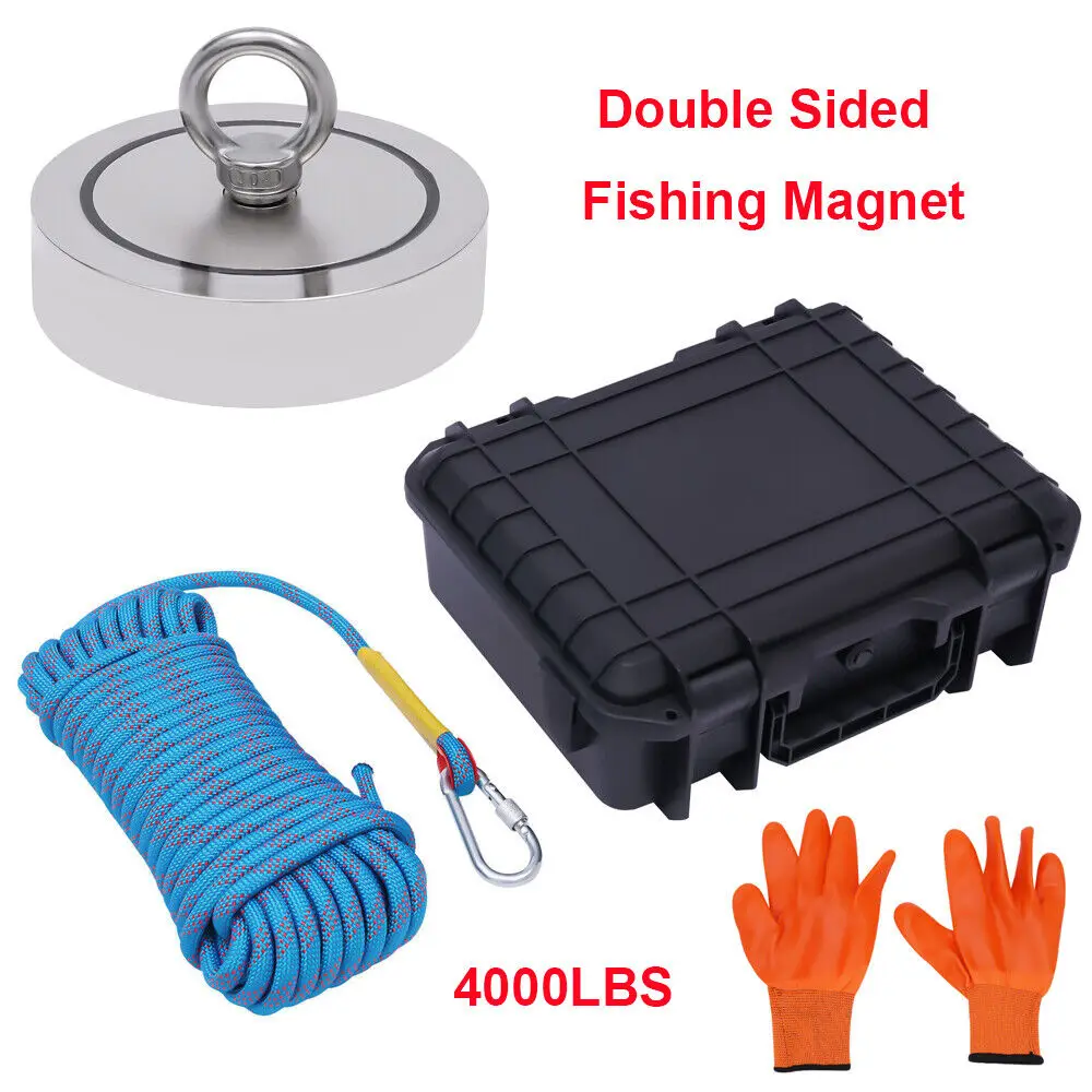 4000LBS Pull Force Dual Sided Fishing Magnet Kit Neodymium+Carabiner&Rope&Gloves