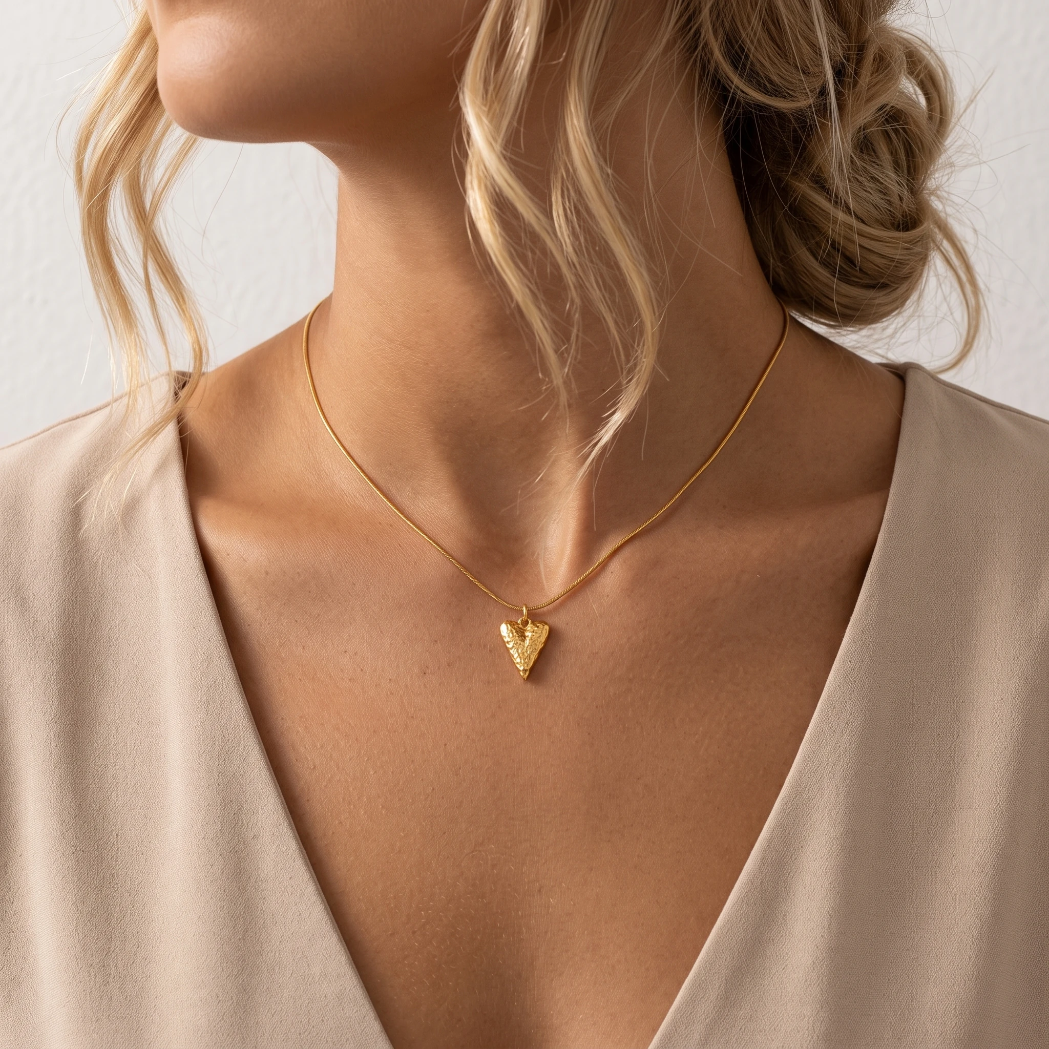 Gold Tone Stainless Steel Snake Chain Necklace Women Hammered Heart Pendant Waterproof Hypoallergenic Minimalist Jewelry