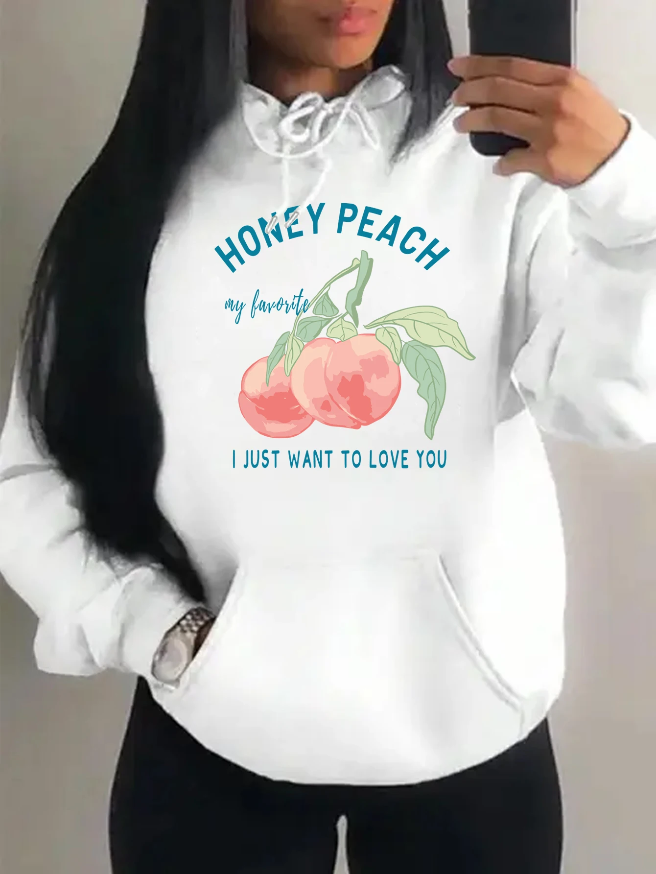 Honey Peach I Just Want To Love You Illustration Print Hoody Women Hip Hop Soft Hoodies Fashion Loose Clothes Vintage Pocket Top