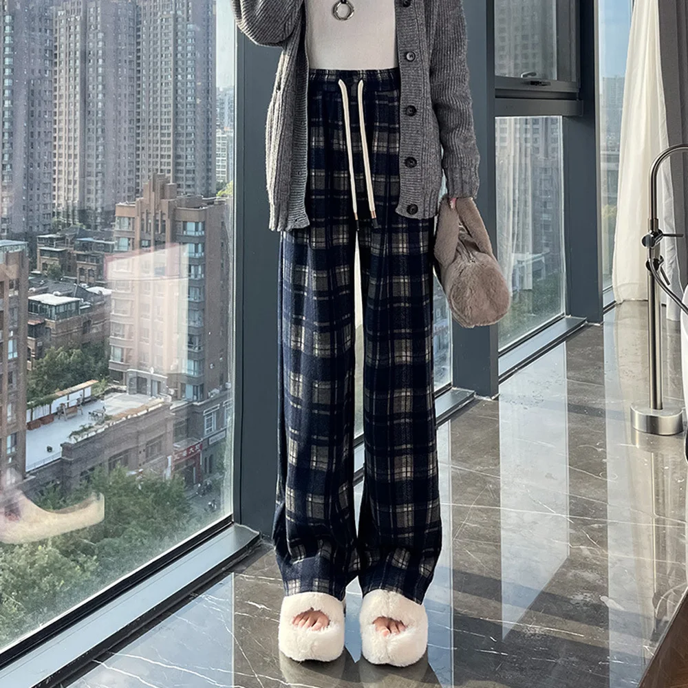 Checkered wide leg pants women's autumn and winter new high-end fashion plus size elastic waist casual straight leg pants