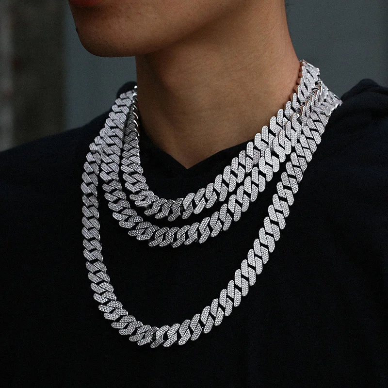 Hip Hop 3 Rows CZ Stone Paved Bling Ice Out 14mm Solid Square Cuban Miami Link Chain Necklace for Men Rapper Jewelry Gift