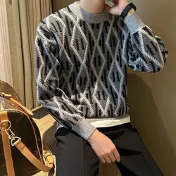 Knitted Sweaters for Men Crewneck Round Collar Knitwear Loose Diamond Grid Pullover Man Gray Korean Popular Clothes Y2k Cashmere