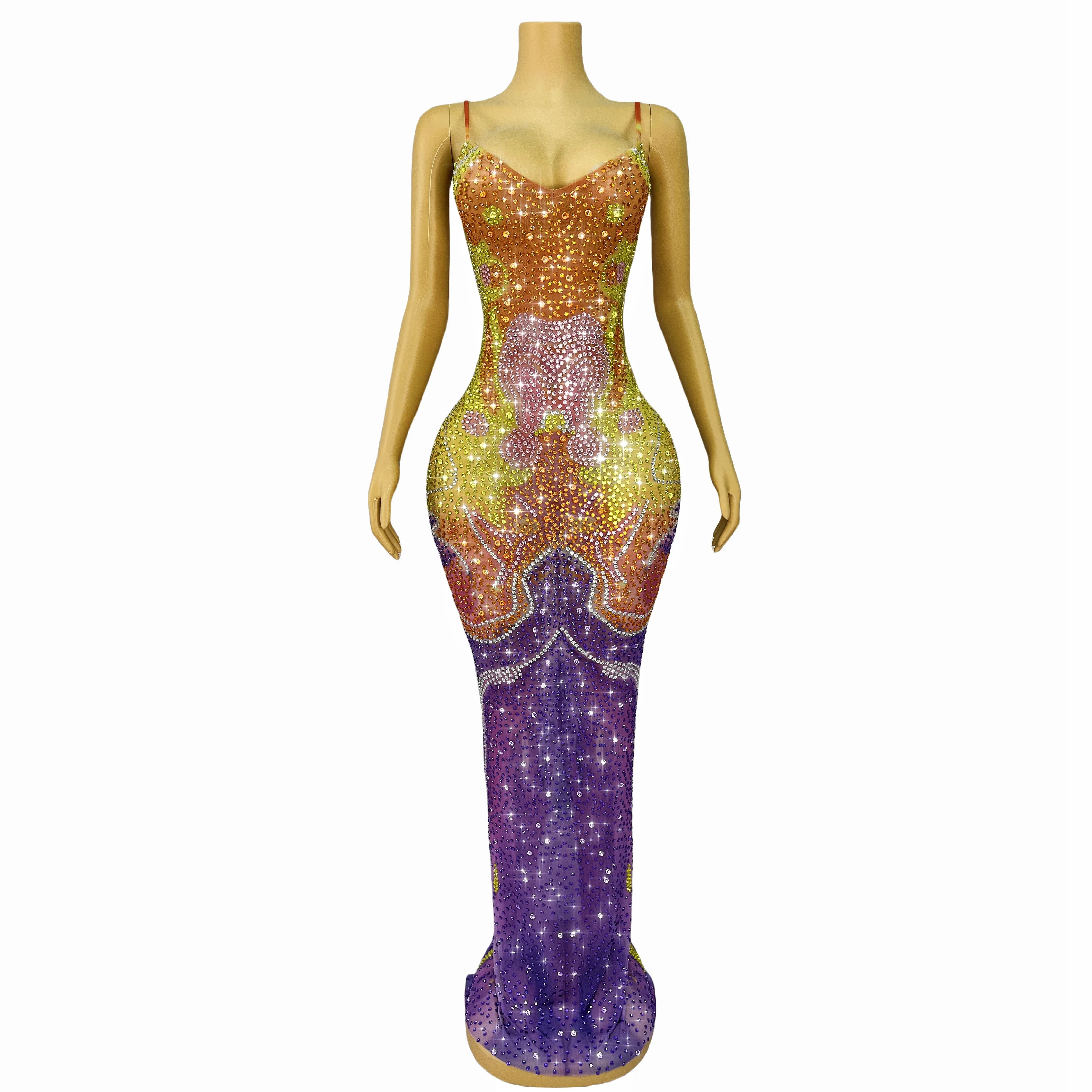 Kobiety Party wieczorowa elegancka suknia pokaż wykonaj kostium specjalne kolorowe błyszczące dżetów sukienka z szelkami