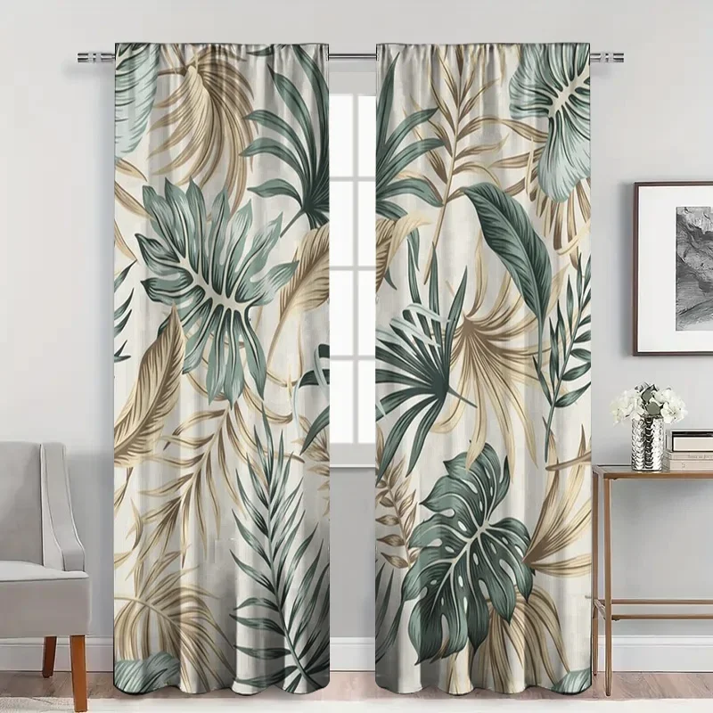 2pcs Tropical Leaf Sheer Curtains – Grey Voile Panels with Green & Brown Monstera Print, Nature-Inspired Light Filtering Drapes