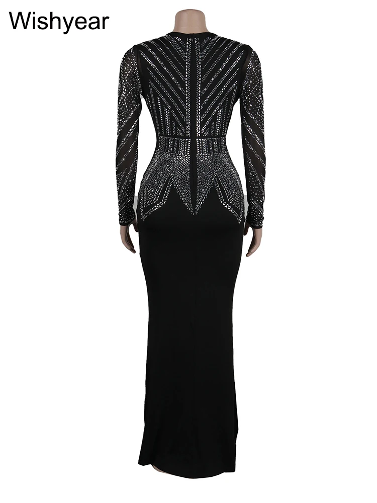 Wishyear Dames Sexy Doorzichtige Mesh Strass Maxi Jurk Met Lange Mouwen Luxe Verjaardag Prom Jurk Trouwfeest Vestidos