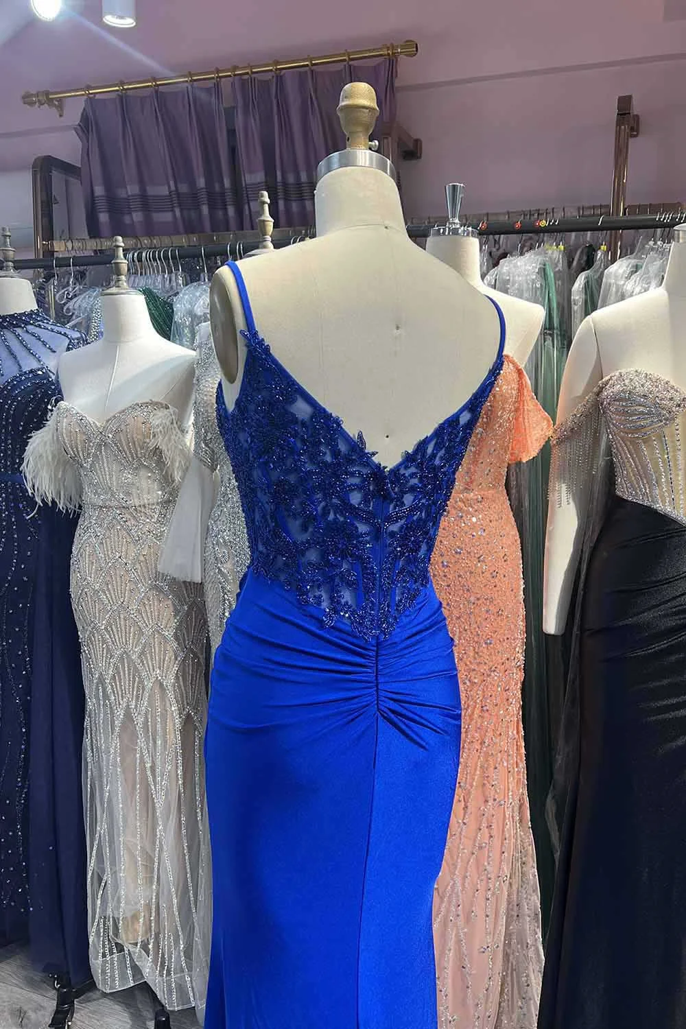 Spaghetti Straps Strapless Mermaid Prom Dresses With Split Lace Appliques Sleeveless Evening Gowns Sheer Corset Long Ball Gowns