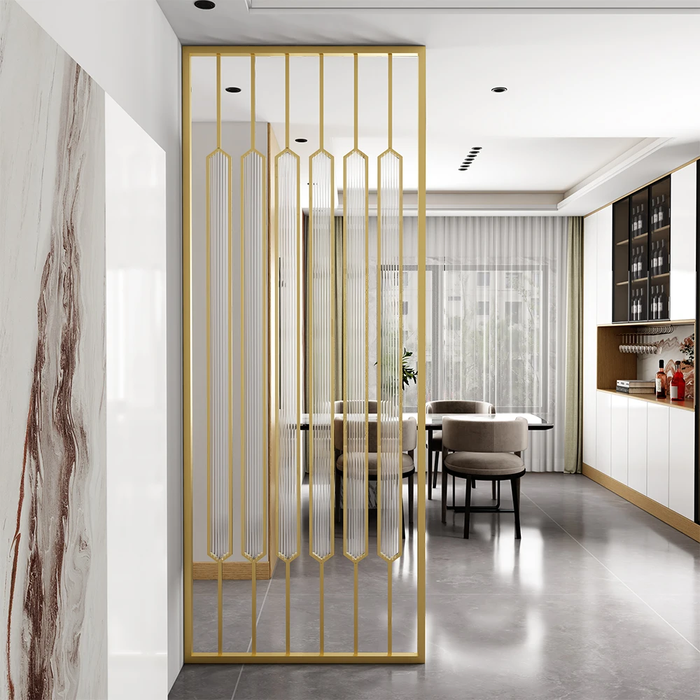 Modern Luxury Office Screens Room Dividers Simple Elegant Long Rainbow Glass Partition Waterproof Metal Hollowed-Out for Office