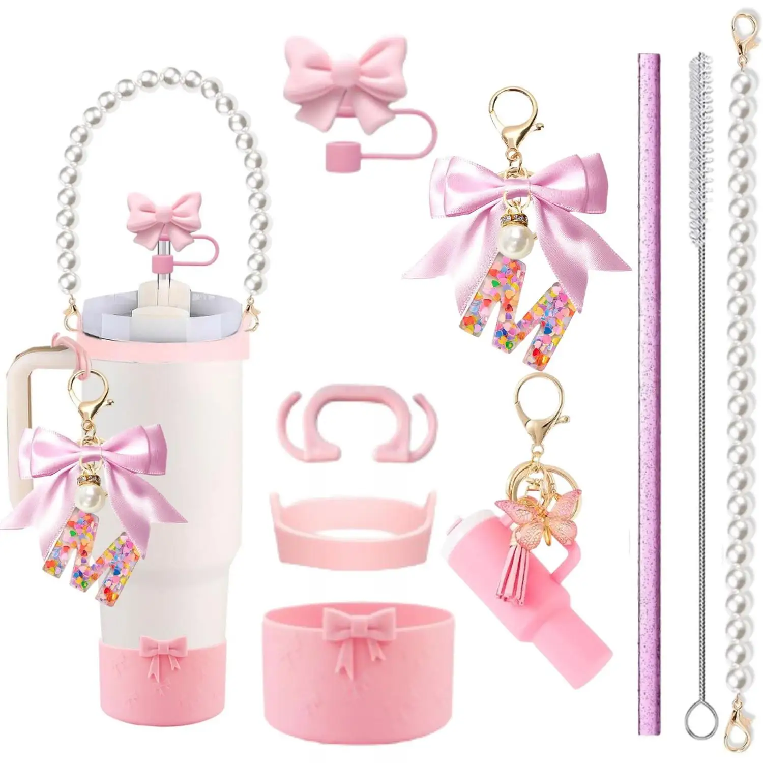 Mini Tumbler Pendants Bow Letter Keychains Straw Sets - Trendy Accessory Combo for Drinkware And Keys view 3