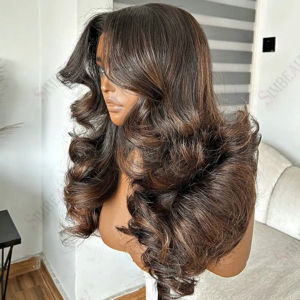 Peruanisches Echthaar, kastanienbraun, mit Highlights, gewellt, 13x6 Lace Front / 360 Lace Frontal Perücken für Frauen, vorgezupfter natürlicher Haaransatz – Detail 3