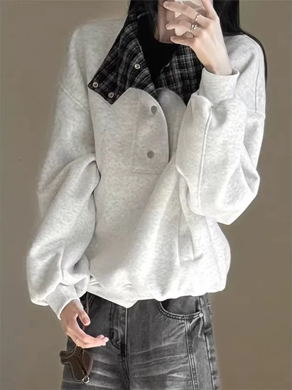 

ay Heavyweight Plaid Button-Up Hoodie Men's American Retro Design Unique Loose Long Sve Top White Flower ay Hoodie