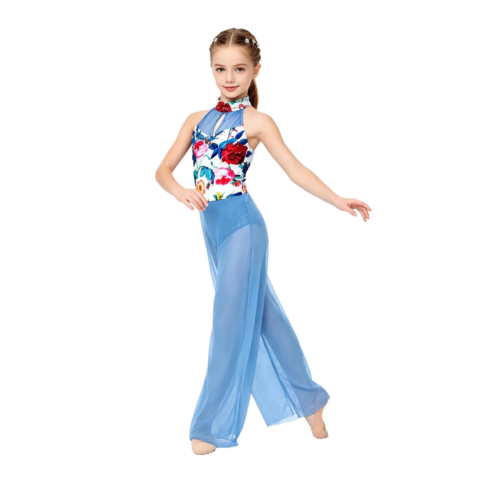 

Girls Lyrical Dance Jumpsuit Rhinestones Halter Sleeveless Wide-Leg Leotards Ballet Figure Skating Gymnastics Modern Dancewear