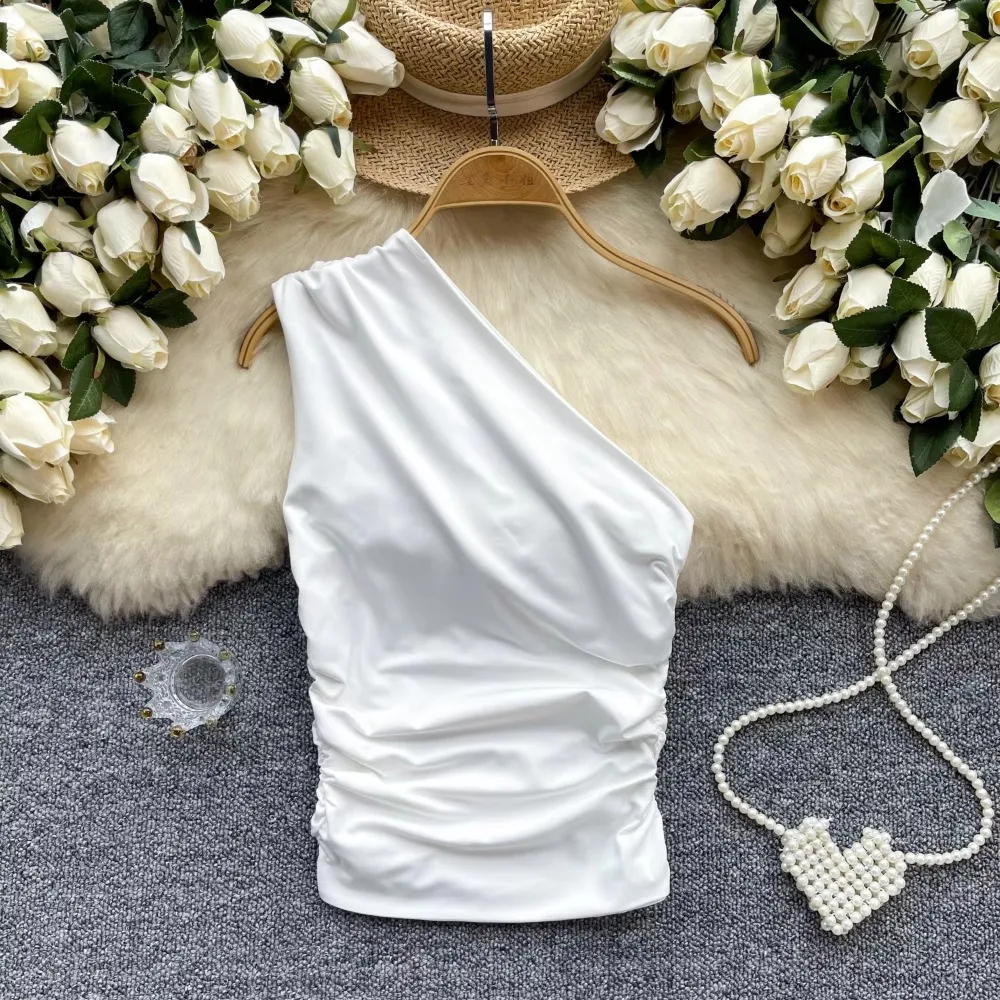 Chic Retro asymmetrical pleated French Fashion Tank Top Slim  Crop Top Sexy Women Summer Diagonal collar Camis