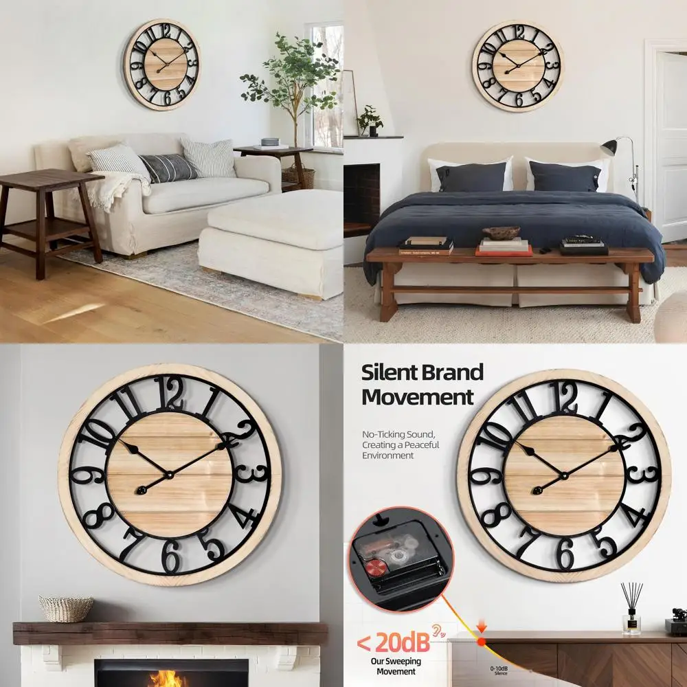 

Настенные часы 24 дюйма - большие деревянные бесшумные часы в деревенском стиле с черной металлической рамой, винтажные декоративные часы для фермерского дома