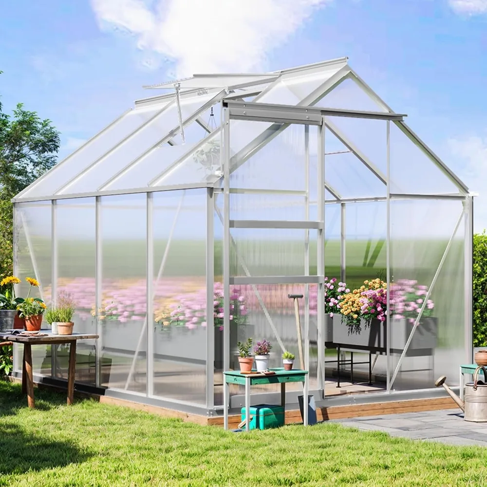 

Polycarbonate Greenhouse 6x8FT Heavy Duty Green Houses Outdoor Greenhouses Aluminum Sliding Doors Vent Window Premium Large for