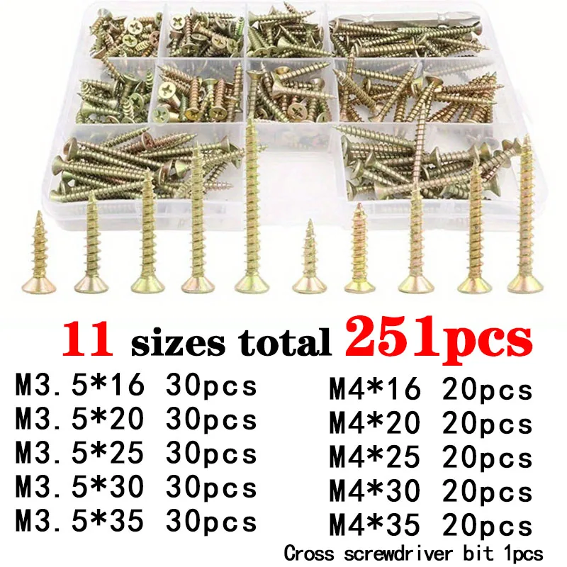 Flat Wood Screws Assortment Kit M3.5 M4 Zinc Plated Phillips Self Tapping Screws Set For Drywall And Wood
