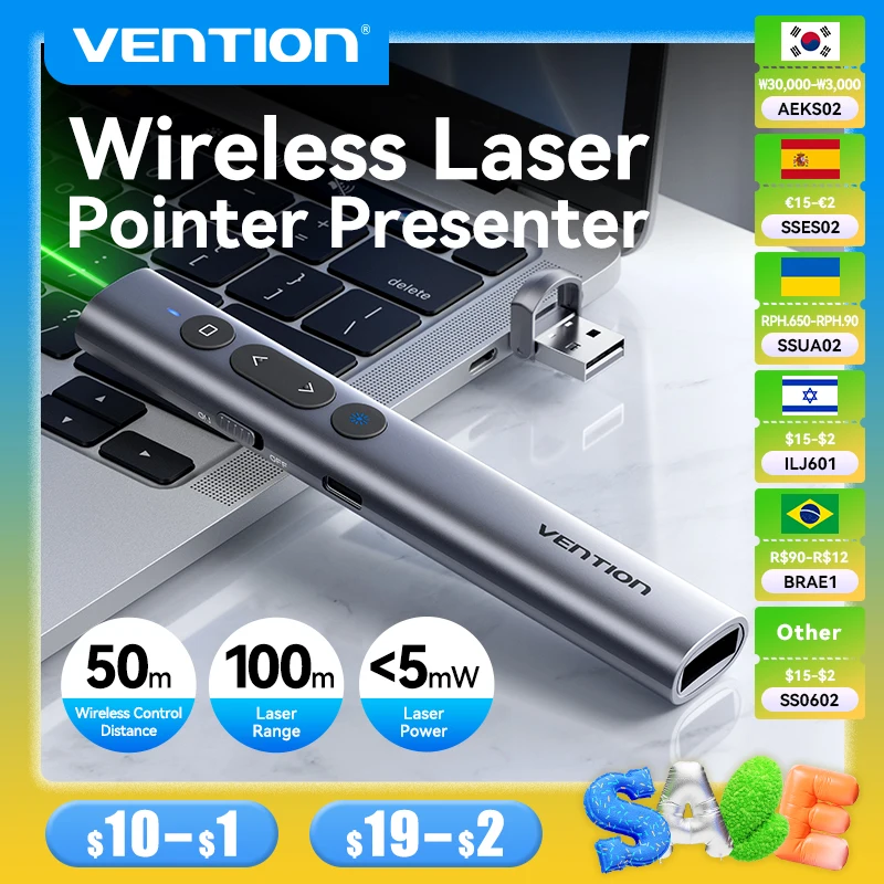 

Vention Wireless Laser Pointer Presenter 100m 2.4Ghz USB C for MacBook Android Projector PPT Remote Control Presentation Pen