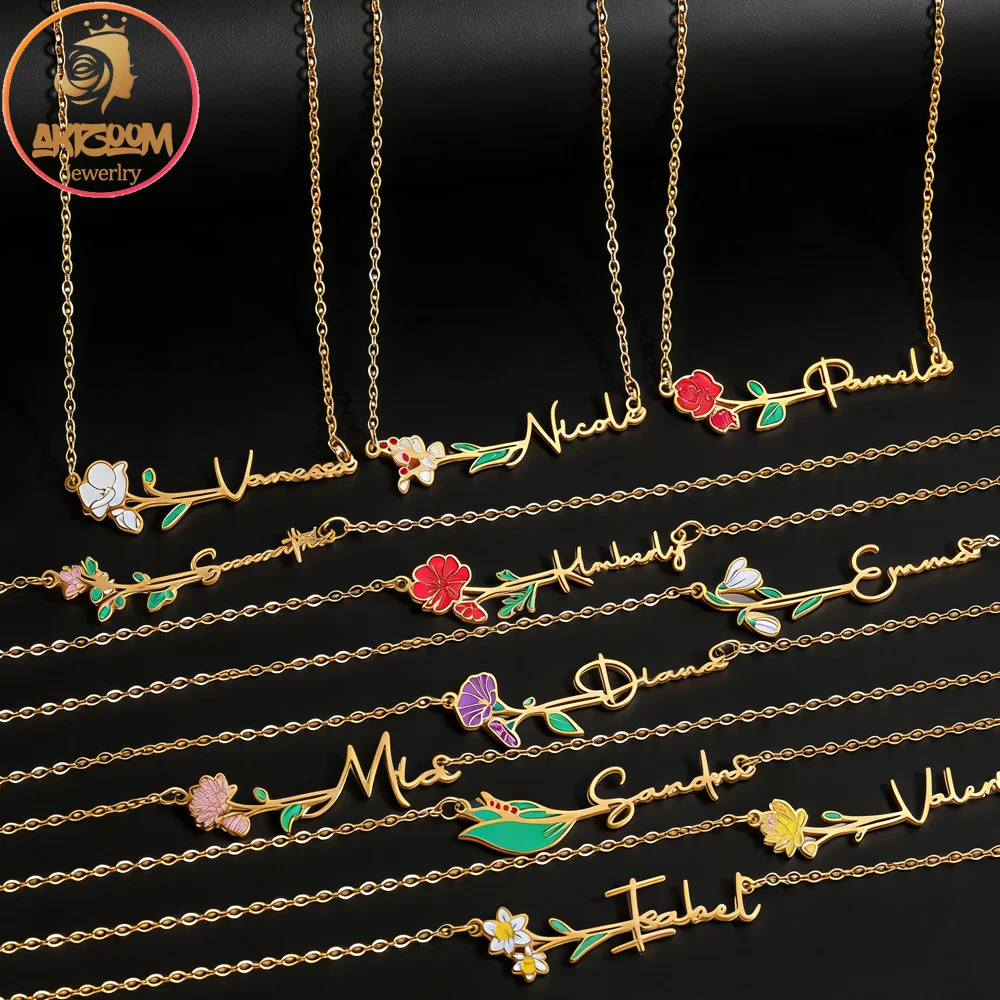 

Akizoom Custom Names Color Print Necklace for Women Gold Color Stainless Steel Personalized Flower Choker Pendant Jewelry Gift