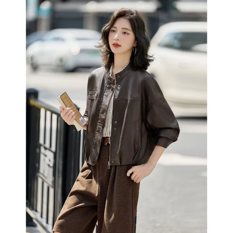 Stand-up Collar Cool Stylish Leather Jacket Women Spring and Autumn New Style High-end Versatile Elegant Pu Leather Jacket Top