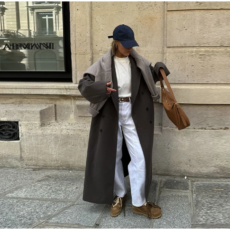 

Street Women's Brown Overcoats Loose V-neck Double Breast Full Sleeve Female Long Coats 2025 Autumn Winter Lady Commute Outwear
