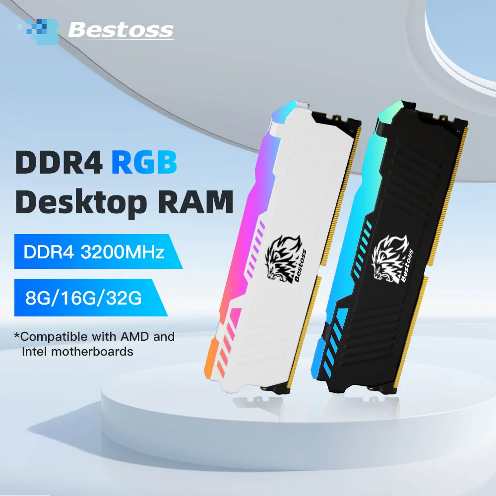 Bestoss Memória RGB RAM DDR4 8GB 16GB 32GB 1.2V 3200MHz UDIMM Cooling Vest Memory Memoria White Black for Desktop Computer DIY