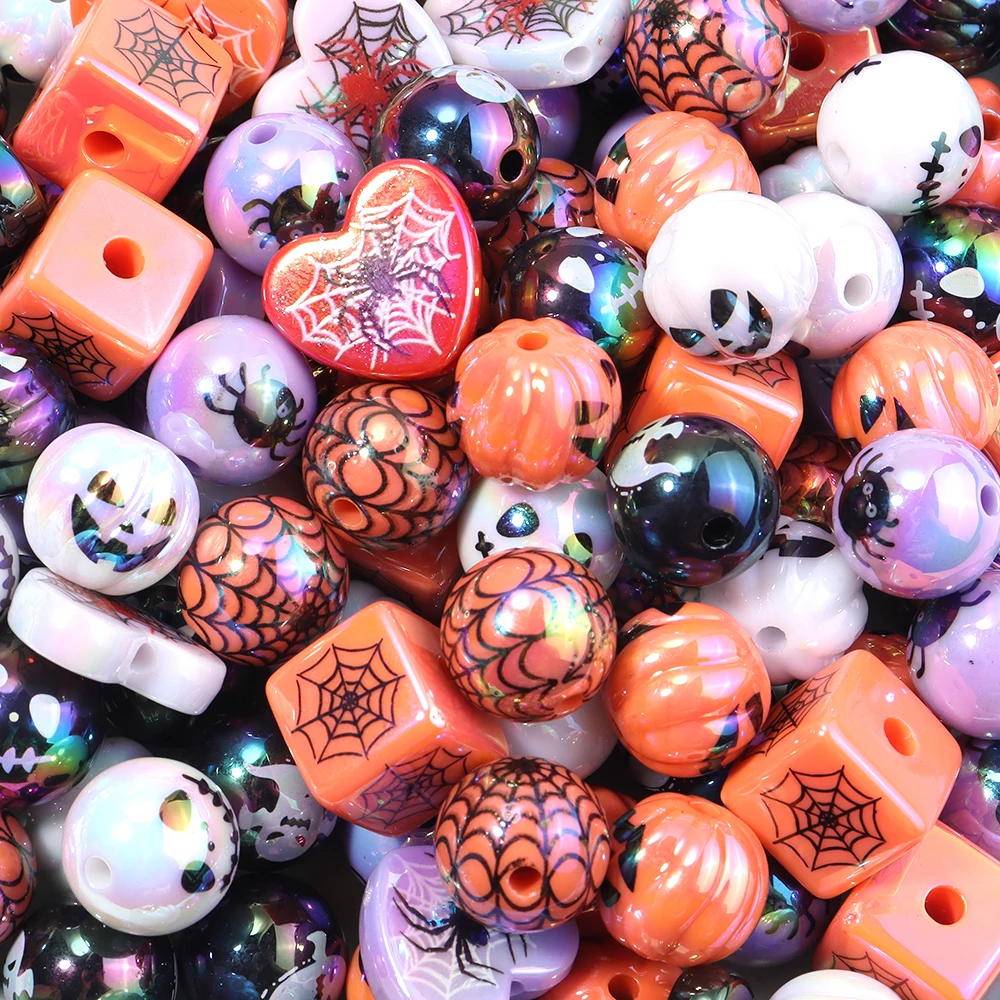 10pcs Plated UV Halloween Printed Acrylic Beads Pumpkin Skull Ghost Loose Spacer Beads For Jewelry Making DIY Bracelets Keychain