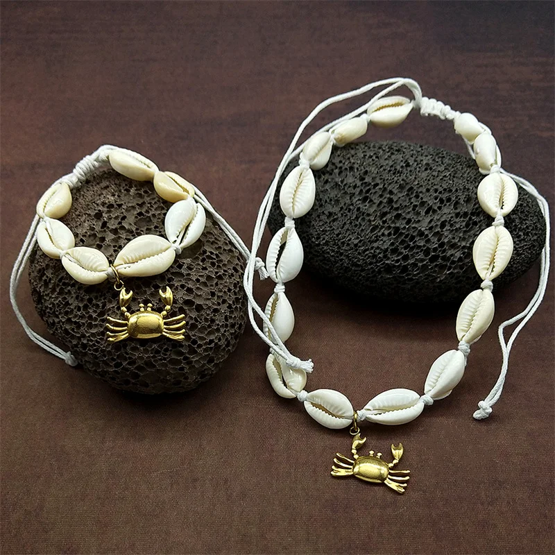 

Hand Woven Beach Boho Shell Little Crab Pendants Necklaces For Women Girls Summer Stainless Steel Bracelet Rope Chain Jewelry