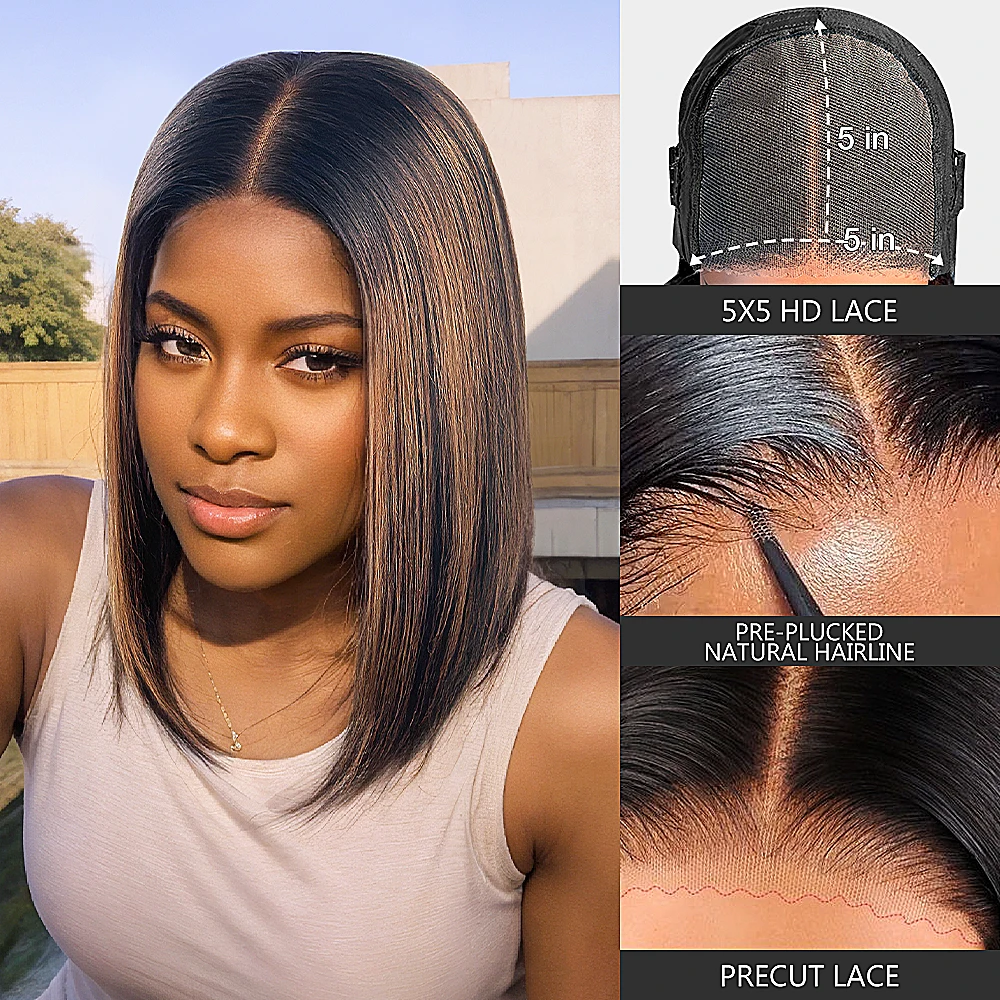 Wear And Go Glueless Wigs Human Hair Pre Plucked Pre Cut 1b/30 Straight Short Bob 5x5 Hd Lace Closure Wigs With Natural Hairline