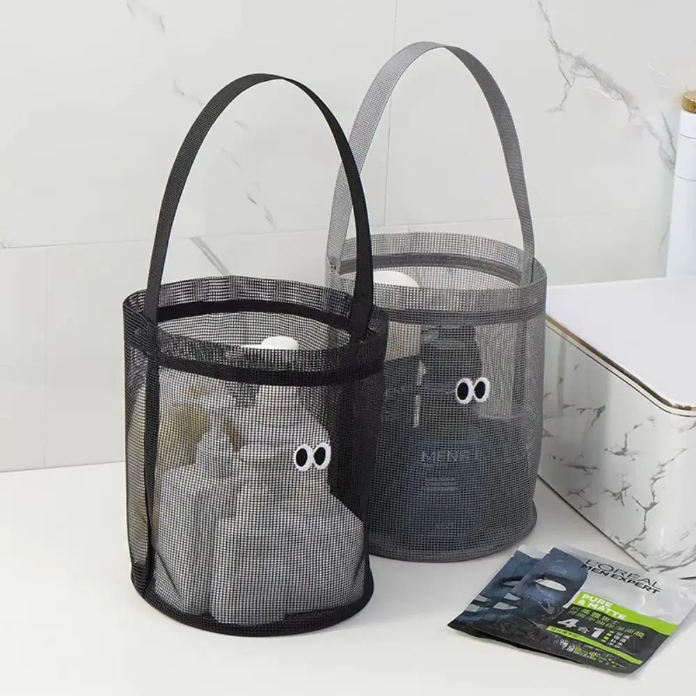 Foldable Shell Collecting Bag Carry Strap Mesh Structure Mesh Beach Bucket Embroidered Eyes Round Base Mesh Beach Bucket Bag
