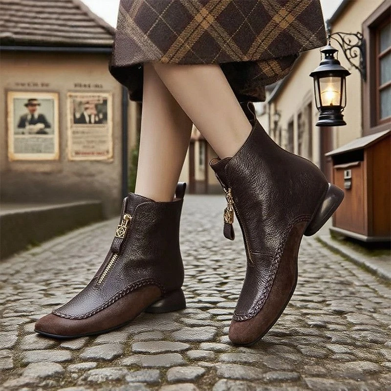 

French Style Retro Women's Winter Boots Designer Front Zipper Square Head Suede Leather Splicing Woman Booties Christmas Gift