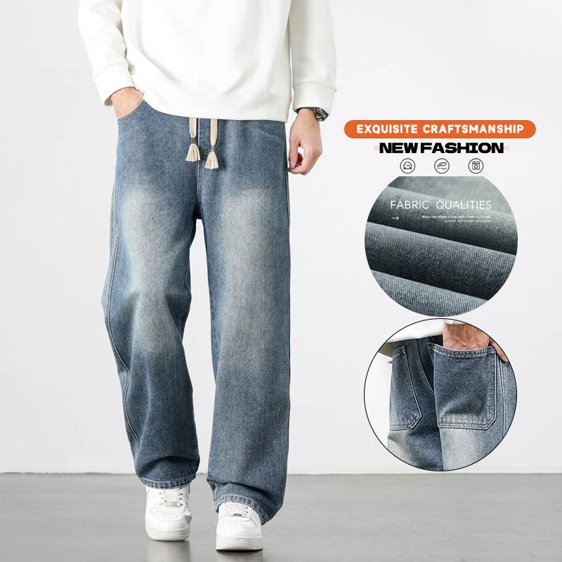 

Blue Jeans Men's Autumn Loose Straight-leg Trendy Brand Wide Legs Casual Trousers Streetwear Fashion Casual Baggy Straight Pants