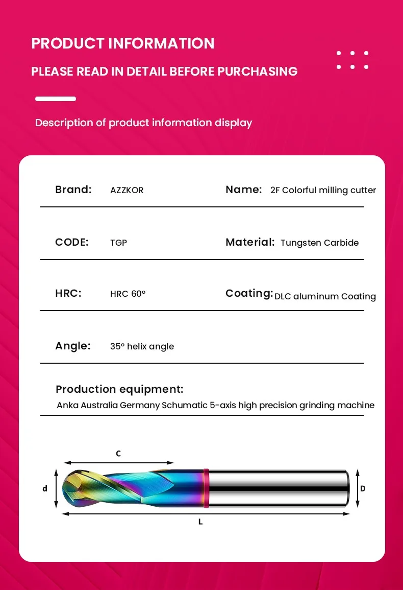 AZZKOR 2-Schneiden-Fräser mit farbiger Beschichtung aus Wolframstahl-Karbid für Aluminium, Kugelkopf-Fräser, CNC-Bearbeitung, Fräswerkzeug TGP-HRC60 – Detail 16