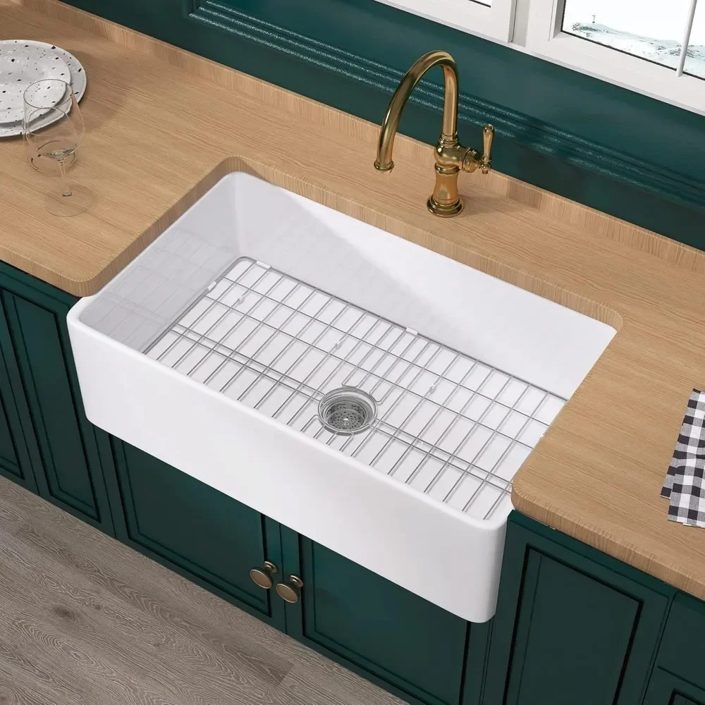 

Widening large sink 33 "x20", 9-inch deep fire clay apron sink, reversible, with accessories, for kitchen use