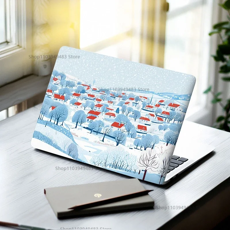 2 Pcs Snow Scene Lotus Flower Laptop Ornamental Self-adhesive Stickers 15.07*10.82 Inches for MacBook Tablet PC Waterproof Decor