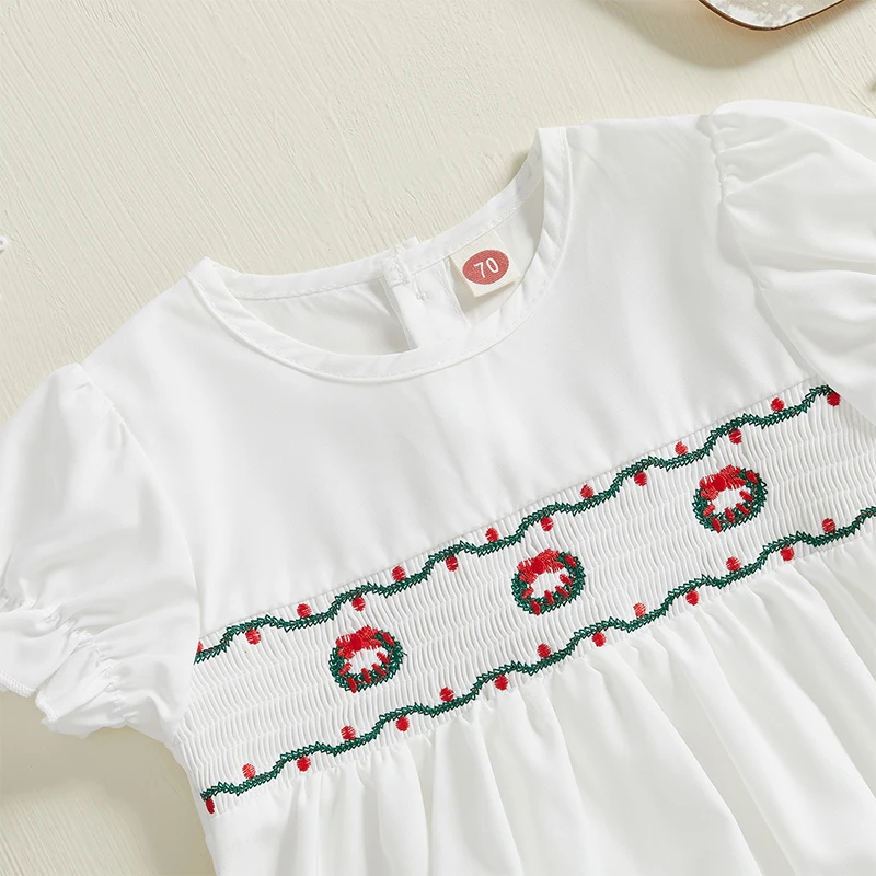 0-18M Baby Girl Boy Christmas Rompers Wreath Embroidery Smocked Round Neck Ruffled Short Sleeve Jumpsuit Casual Clothes