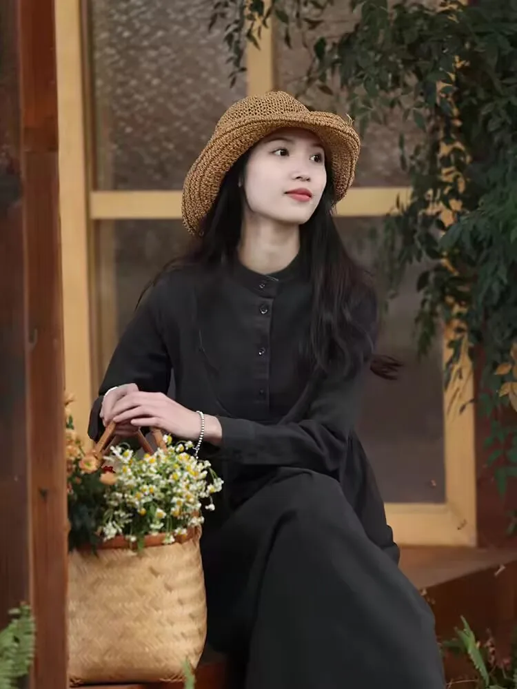 Vestido camisero de algodón negro Vintage 2025, nuevo otoño, cuello levantado, cintura alta, suelto, manga larga, Maxi vestidos femeninos F23