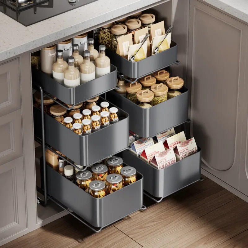 

Kitchen pull-out storage shelves, cabinet layered shelves, double-layered triple layers lowers sink, drawer pull-out baskets