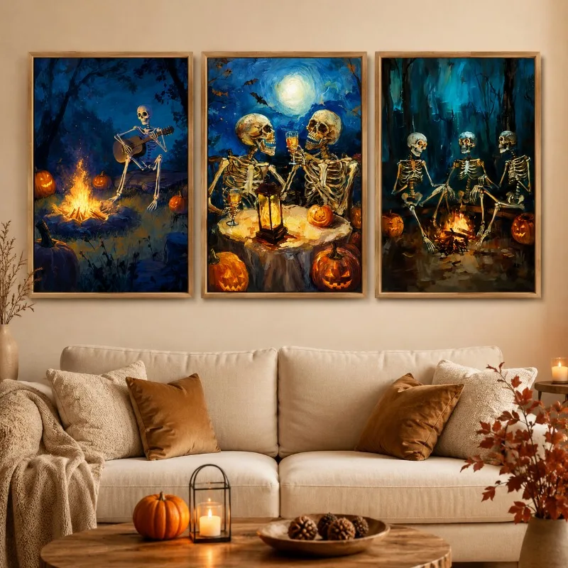 Spooky Skeleton Campfire Party Canvas Wall Art, Style Blue Dark Halloween Pumpkin Prints for Living Room Home Decor