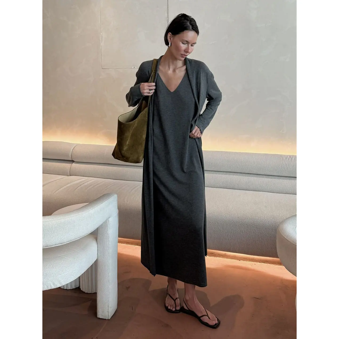 

Women's Knitted Long Sve Cardigan Dr Set Soft Cover up Top Bot Ensemble Winter Faion Outfit Student Work orm