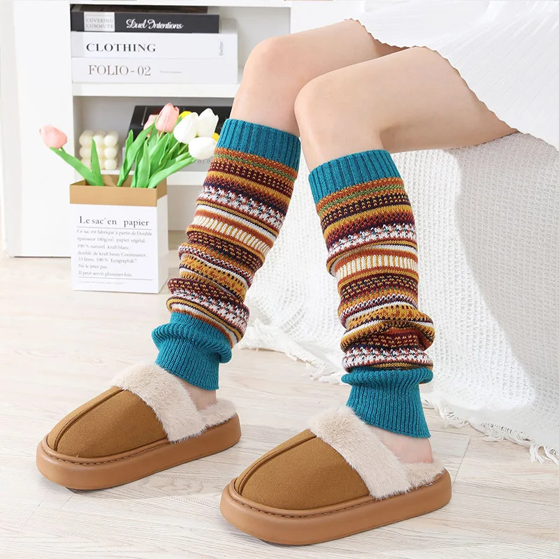 التمويه البوهيمي نمط الغزل الدافئة الساق و منصات الركبة الأوروبية والأمريكية الخريف الشتاء النساء اللون منعت مخطط كومة الجوارب #5