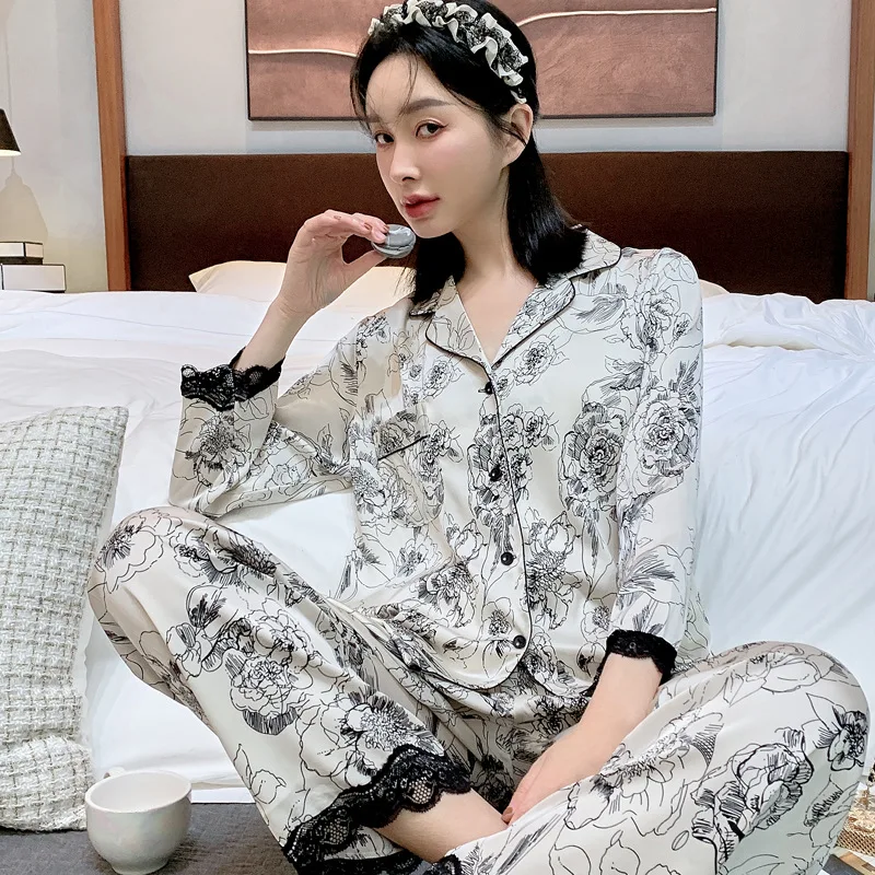 

Print Long Sleeve Pijamas Suit Women Sleepwear Pajamas Set Trouser Spring Autumn Silk Satin Home Clothes Lounge Wear